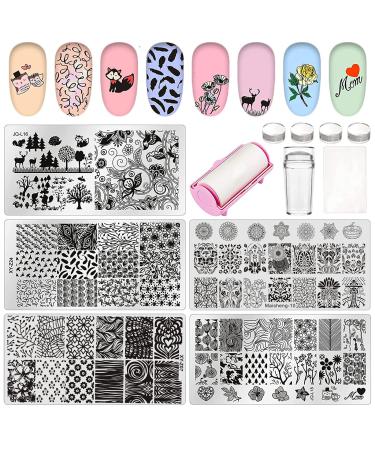 Niceneeded 12Pcs Nail Stamping Stamper Kit 5PCs Nature Flower Design Nail Art Stamp for Nails Nail Stampers Nail Art Stamper Pattern Paper Paper