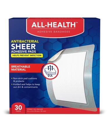 All Health Antibacterial Sheer Adhesive Pad Bandages  3 in x 4 in  30 ct | Helps Prevent Infection  Extra Large Comfortable Protection for First Aid and Wound Care 30 Count (Pack of 1)