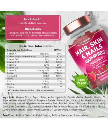 Hair Skin and Nails Vitamins | 5000 g Biotin Zinc Vitamin C E & More! 60 Vegan Gummies | Supplement for Women and Men | by Horbaach - Buy Online on GoSupps.com