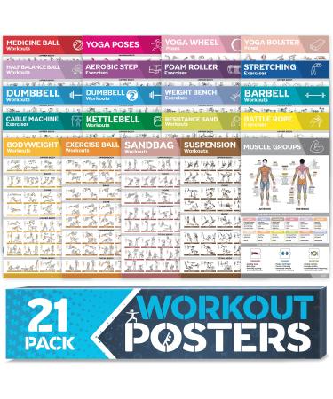 21-PACK Laminated Large Workout Poster Set - Perfect Workout Posters for Home Gym - Exercise Charts Incl. Dumbbell Yoga Poses Resistance Band Kettlebell Stretching & More Fitness Gym Posters