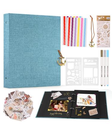 DazSpirit Linen Scrapbook Photo Album for DIY with 60 Pages Adhesive Photo Album Including 3 Metallic Color Markers Painting Stencils Various Stickers Memory Book for Wedding Family (Blue)