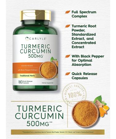 Turmeric Curcumin 500mg 180 Powder Capsules | Joint Support Complex with Bioperine | Non-GMO Gluten Free Supplement by Carlyle - Buy Online on GoSupps.com