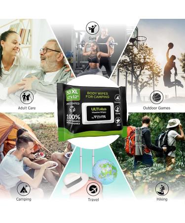 Biodegradable XL Body Wipes for Camping and Travel - 50 Count Pack | Personal Hygiene Shower Wipes for Body and Face - 12''x12'' | Ideal for Women, Men, Kids, and Elderly - Buy Online on GoSupps.com