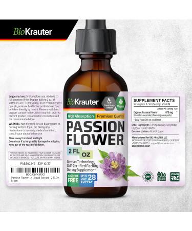 BIO KRAUTER Passion Flower for Stress Relief - Calm & Mood Support - Pure Vegan Liquid Drops Passion Flower Extract 670 mg/Serving 2 Fl.Oz 28-Day Supply - Alcohol & Sugar Free - Natural Calm Drops 2 Fl Oz (Pack of 1) - Buy Online on GoSupps.com