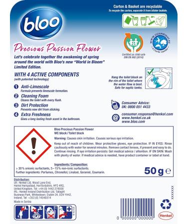 Bloo Limited Edition Flower Blue Water Toilet Rim Block - Anti-Limescale Cleaning Foam - 1 x Rimblock - Passionflower - Buy Online on GoSupps.com
