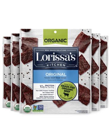 Lorissa's Kitchen Grass-Fed Certified Organic Beef Steak Strips, Original, 2.5 Oz, 4 Count - No Added MSG or Nitrites, Keto Friendly Snacks & Gluten Free, More Tender Than Traditional Beef Jerky