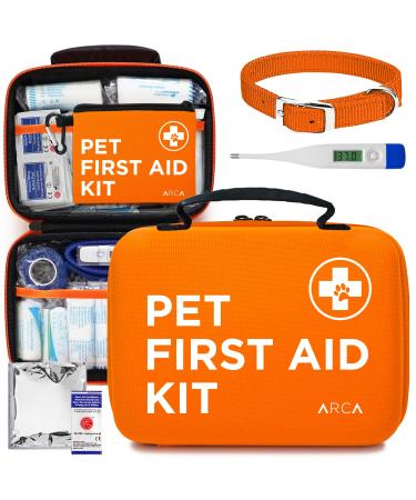 ARCA PET Cat & Dog First Aid Kit Home Office Travel Car Emergency Kit Pet Travel Kit - Pet First Aid Kit with Thermometer, Tick Remover Kit & Many More Neon Orange