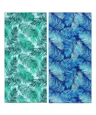 2 Pack Microfiber Beach Towel, Oversized Microfiber Pool Towel 75x 35, Sand-Free Beach Towel, Quick Drying Camping Towel, Super Absorbent Bath Towel Blanket, Soft Breathable and Lightweight 2 Pack- Blue/Green Leaves