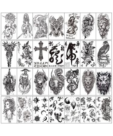 Aresvns Temporary tattoo for men women and kids 28sheets(L7.48"*W4.33"),Waterproof realistic fake tattoos for adults, Half sleeve temporary tattoos Lion, Wolf, Scorpion, Cross,Skull ect.