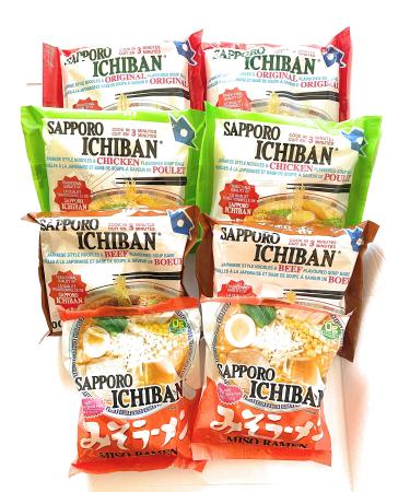 Sapporo Ichiban Japanese Style Ramen Noodles Variety Pack 2 Original 2 Chicken 2 Beef and 2 Miso Ramen 8 Packs in Total
