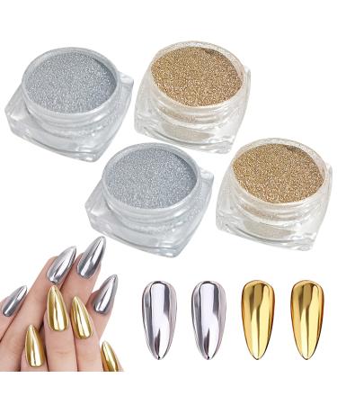 BPrettier Nail Chrome Powder Gold Silver Chrome Nail Powder 4 Jar Chrome Nail Powders Glitter Nail Art Mirror Effect Shimmery Aurora Powder for Women Girls Gifts (Gold & Silver)