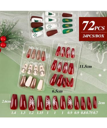 Shop Flofia 72 Pth Short Christmas Fake Nails - Ballerina Style with Snowflakes & Reindeer | DIY Nail Art in Pink White & Green - International Shipping - Buy Online on GoSupps.com