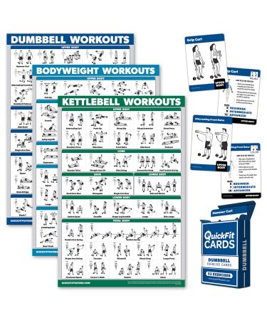 4 Pack: Dumbbell + Bodyweight + Kettlebell Workouts Poster Set + Dumbbell Exercise Playing Cards