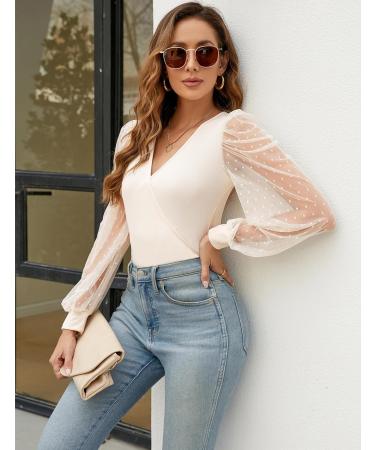 Fayenne Womens Tops Deep V Neck Cross Wrap Sexy Tops Polka Dot Mesh Long Sleeve T Shirt Casual Blouses XL Beige - Buy Online on GoSupps.com
