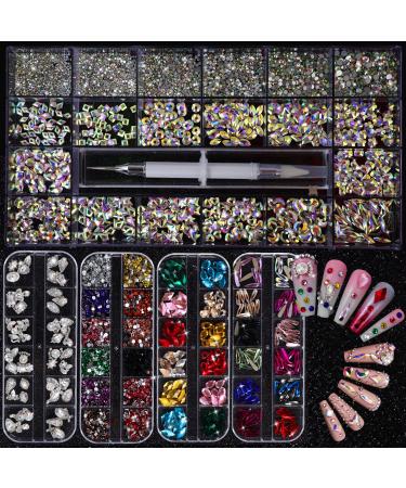 Nail Art Rhinestones Kit  9908pcs Mix 42 Styles 3D Glass Crystal AB Mix Colors Nail Gems Rhinestones 5 Box Set for Nail Decoration Nail Art DIY Crafts  Flat Back Nail Jewels