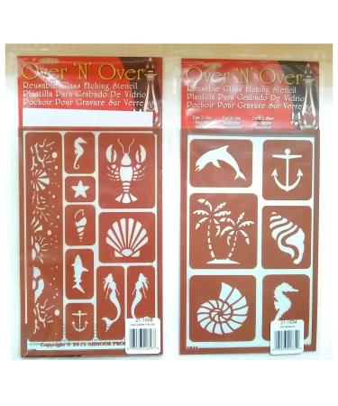 Over 'n' Over Reusable Self-Stick Etching Stencil for Glass (or Stamping) - Bundle of Two Sets - Seashore & Under The Sea