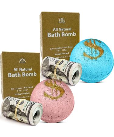 2 Bath Bombs Set with Cash Surprise Inside - Real Money Up to $100 Bill in Each - Natural and Organic Ingredients - Made in USA