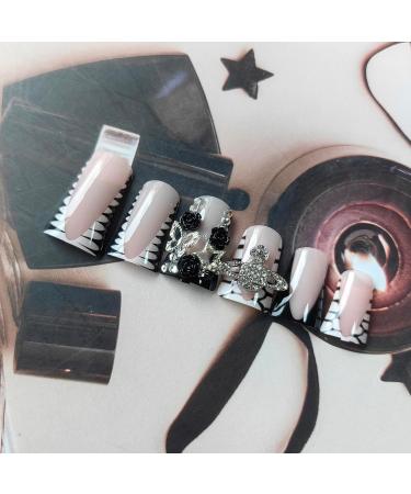 White Duck Nails: Press-On Black French Tips with Rhinestone Design - Duck Feet Style Acrylic Manicure Kit for Women - Buy Online on GoSupps.com