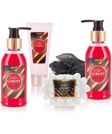 Brubaker Luxury Strawberry & Coconut Milk Beauty Set - 6-Part Bathing & Shower Gift Set in Ceramic Black Gold Stiletto - Buy Online on GoSupps.com