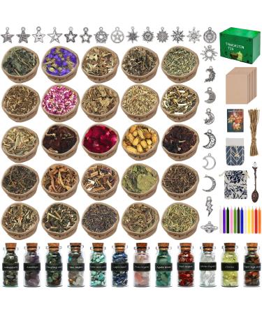 Witchcraft Supplies kit 60PCS -Witch Stuff Spell Kit - Witchcraft Supply kit  with Spell Candles ,Witchcraft Herbs , Crystal Pendulums,Parchments,Mini  Crystal Balls - Witch Starter Kit 60 Packs Witchcraft Supplies
