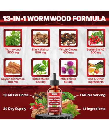 Tenmido 13in1 Wormwood Tincture - Wormwood Black Walnut Clove Extract with Berberine HCl Ceylon Cinnamon Bitter Melon Milk Thistle Turmeric & More - 30 Days Supply - 1 FL Oz - Buy Online on GoSupps.com