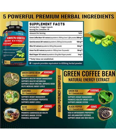 Green Coffee Bean Extract Capsules 6550mg | 3 Months Supply with Garcinia, Olive, Green Tea, Kidney & Pepper | Supports Weight Management, Brain Health & Energy | Antioxidant Boost - Buy Online on GoSupps.com