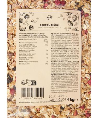 KoRo - Red Fruit Muesli with Crispy Spelt Flakes 1kg - Dried Berries - Various Whole Grain Flakes - No Added Sugar (Contains Naturally Occurring Sugar) - Buy Online on GoSupps.com