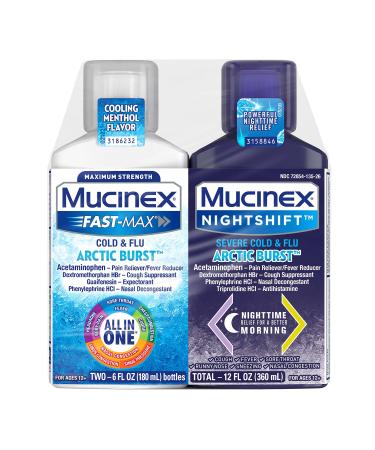 Mucinex Fast-Max Cold & Flu Arctic Burst and Mucinex Nightshift Severe Cold & Flu Arctic Burst Liquids - 2 x 6 fl. oz. Fast Powerful Multi-Symptom Relief with Just 1 Dose