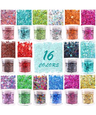 Holographic Chunky Glitter Sequins 16 Colors Mixed Cosmetic Glitter for Face Body Eye Hair Nail Art Lip Gloss, Festival Glitter Makeup with Different Hexagons Size and Stars Holographic Glitter