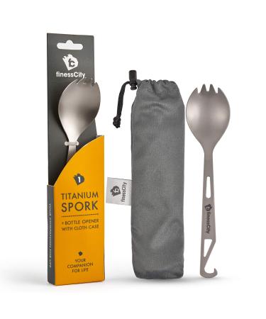 finessCity Titanium Spork (Spoon Fork) with Bottle Opener Extra Strong Ultra Lightweight (Ti), Healthy & Eco-Friendly Spoon, Fork & Bottle Opener for Travel/Camping in Easy to Store Cloth Case Spork 1 Unit Standard