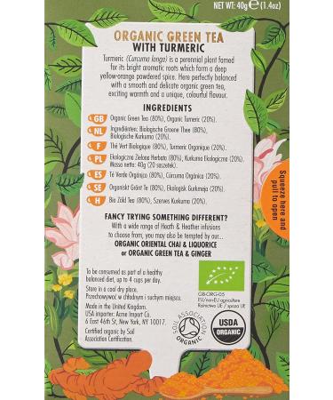 Heath & Heather Organic Green Tea & Turmeric 20 Envelope Bags 40g - Buy Online on GoSupps.com