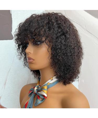 FULEISI 100% Human Hair Short Kinky Curly Wig with Bangs for Black Women - Machine Made Glueless Pixie Cut Afro Curly Brazilian Virgin Hair - Natural Black Color 12 - Buy Online on GoSupps.com