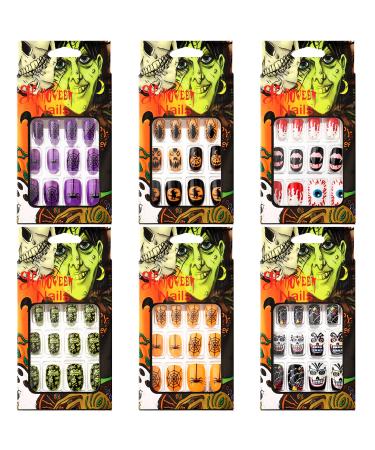 72 Pieces Halloween False Nails Artificial Fake Short Fingernails Nail Tips Kit Halloween Gothic Fake Nails with 6 Jelly Glue for Nail Art Salon DIY Decoration, 12 Sizes in 6 Boxes (Classic Pattern)