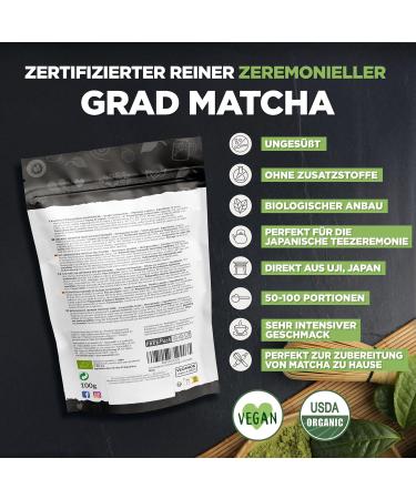 Premium Organic Matcha Powder - Ceremonial Grade 100g | Authentic Japanese Green Tea from Kyoto | Ideal for Drinking Cooking & Coffee Lattes - Buy Online on GoSupps.com