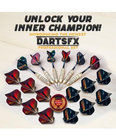 DartsFX Metal Tip Dart Set - 6 * 22g Steel Tip Darts with O-Rings, Brass Barrels, Aluminum Shafts & Custom Flights - Professional Dartboard Kit for Higher Accuracy - Gold - Buy Online on GoSupps.com