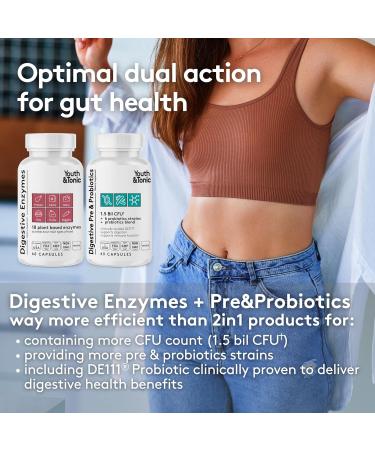 Youth & Tonic Digestive Supplement for Bloating Regularity & Gut Health. Full Spectrum Enzymes Probiotics & Prebiotics for Digestion to Break Down Food and to Use Daily for Women & Men 120 Pills - Buy Online on GoSupps.com