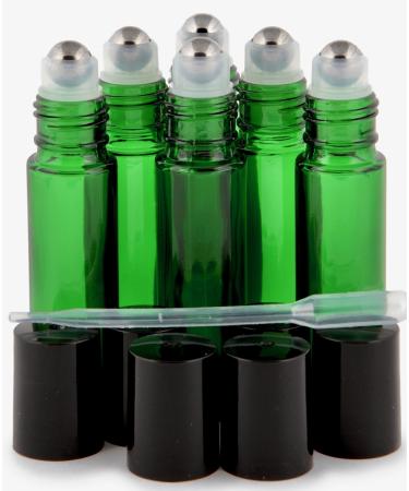 Vivaplex 6 Green 10 ml Glass Roll-on Bottles with Stainless Steel Roller Balls - .5 ml Dropper included