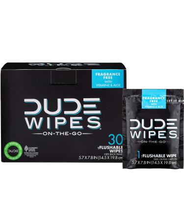 DUDE Wipes On-The-Go Flushable Wet Wipes - 1 Pack, 30 Wipes - Unscented Extra-Large Individually Wrapped Wipes with Vitamin E & Aloe - Septic and Sewer Safe Fragrance-Free 30 Count (Pack of 1)