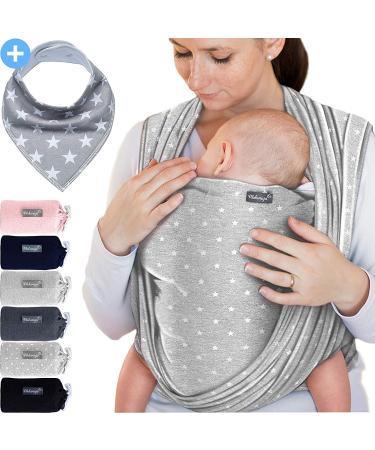 Baby Wrap Carrier Light Grey with Stars Baby Carrier for Newborns and Babies Up to 15Kg Made of Soft Cotton 95% Cotton / 5% Spandex Light Grey with Stars