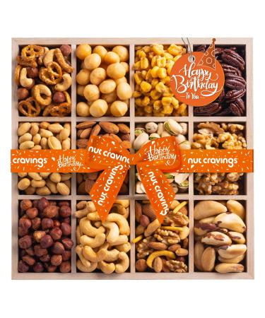 Happy Birthday Gift Basket, Gourmet Nuts in Reusable Wooden Tray + Orange Ribbon (12 Assortments) Arrangement Platter, Care Package Variety, Healthy Food Tray, Kosher Snack Box for Women Men Adults - Buy Online on GoSupps.com