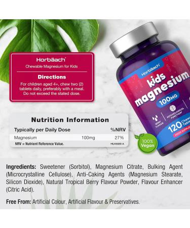 Magnesium Tablets for Kids | 100mg | 120 Chewable Tablets | Berry Flavour Vegan Supplement | by Horbaach - Buy Online on GoSupps.com