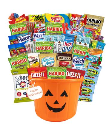 Halloween Care Package Gift Basket 38 pack Candy Snacks Assortment Trick or Treat Cookies Food Bars Toys Variety Gift Pack Box Bundle Mixed Halloween bucket for Children Kids Boys Girls College Students