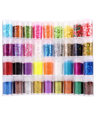Fine Glitters and Holographic Chunky Glitters with 3D Nail Art Slices, Set of 36 Glitter for Nails, Assorted Festival Glitter for Face Hair Body, Glitter for Resin, Slime Making, Craft Decoration 36 colors