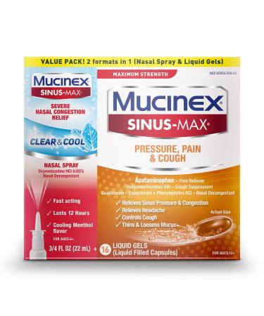 Mucinex Sinus-Max Maximum Strength Pressure, Pain & Cough Liquid Gels and Sinus-Max Severe Nasal Congestion, 3/4 Fl Oz + 16 Liquid Gels Combo Pack