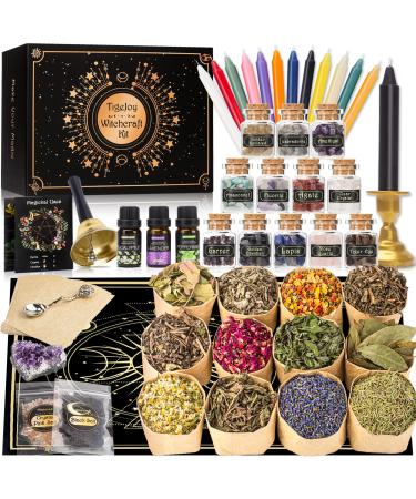 Witchcraft Supplies Witch Stuff Spell Kit, 60 PCS Wiccan Supplies and Tools, Include Dried Herb Crystal Candle Amethyst Altar Cloth Black Salt,Witch Gift Wiccan Starter Kit Altar Supplies Pagan Decor