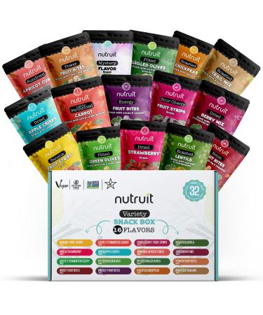 Nutruit Gourmet Healthy Snacks Mega Variety Box (Pack of 32), Vegan, Gluten Free, No Added Sugar, Non GMO, Kosher, Plant Based Protein, High Fiber, Snack Gift Box for Family, Kids, Adults. 1.2oz Packs Mega Variety Box 32 Packs
