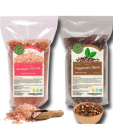 Four Peppercorns Blend -12 oz and Himalayan Pink Salt (Coarse Grain) 2 lbs , Freshly Packed , Whole Black , Pink , Green , White Multi Color Pepper Corsn For Grinders Refill