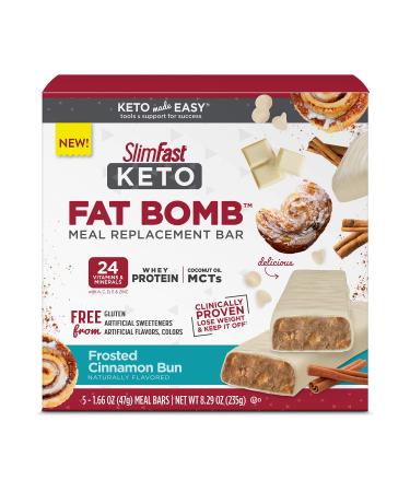 SlimFast Keto Fat Bomb Meal Replacement Whey Protein Bar, Frosted Cinnamon Bun, Low Carb with 7g Protein, 5 Count Box