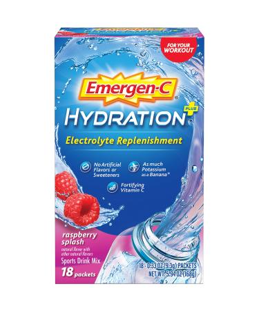 Emergen-C Hydration+ Sports Drink Mix With Vitamin C (18 Count, Raspberry Flavor), Electrolyte Replenishment, 0.33 Ounce Powder Packets Raspberry 0.33 Ounce (Pack of 18)