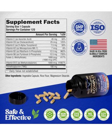 Vitamin B Complex Methylated - B-Complex with Methylfolate & B12 - Bioavailable for Men & Women - 9-in-1 Methylated Multivitamin - Energy Brain & Mood - Vegan - Made in USA - 120 Capsules One/Day - Buy Online on GoSupps.com